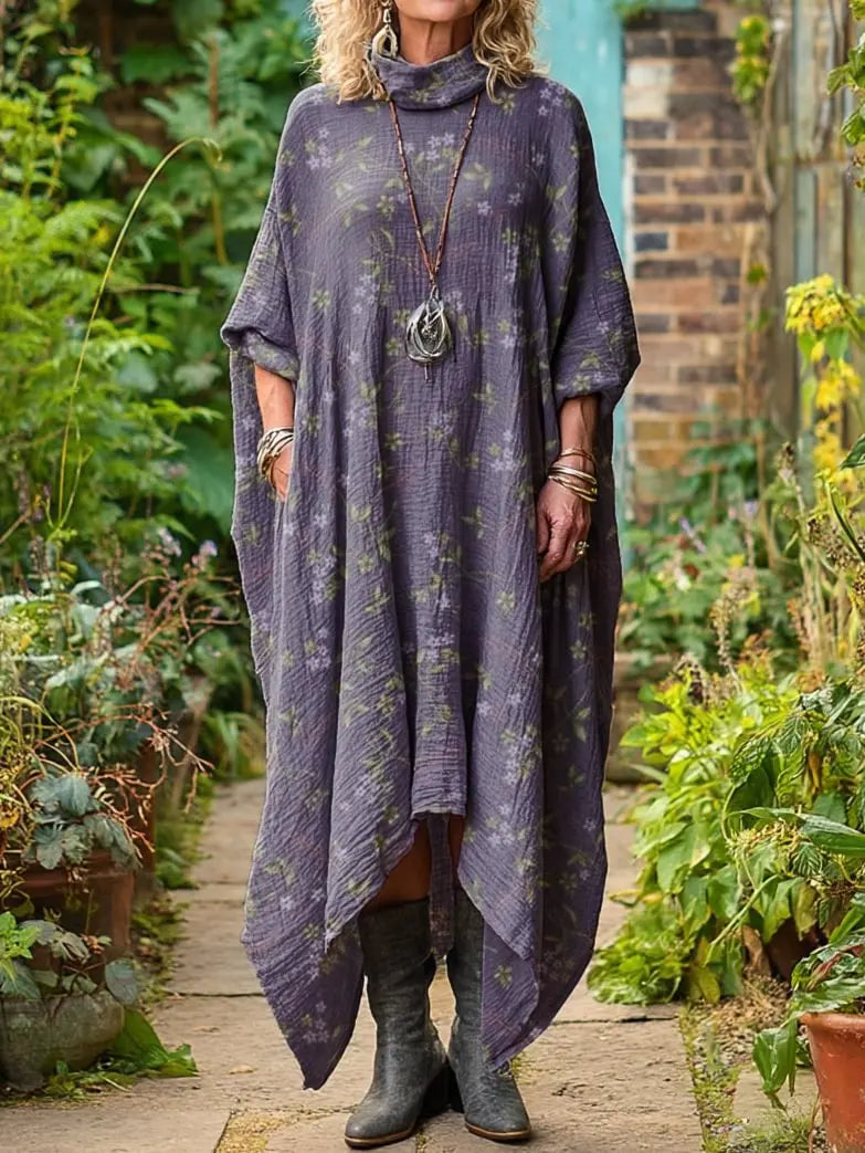 Retro Floral Art Print Long Sleeve Midi Dress